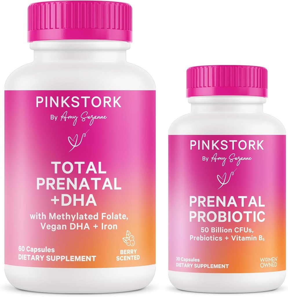 Pink Stork Vitamine Prénatale Duo : Vitamines et probiotiques prénatals pour les femmes enceintes - Maladie matinale et soutien au développement foetal avec DHA, Folate, Vitamine B6, et plus - 2 Produits, 90 Capsules