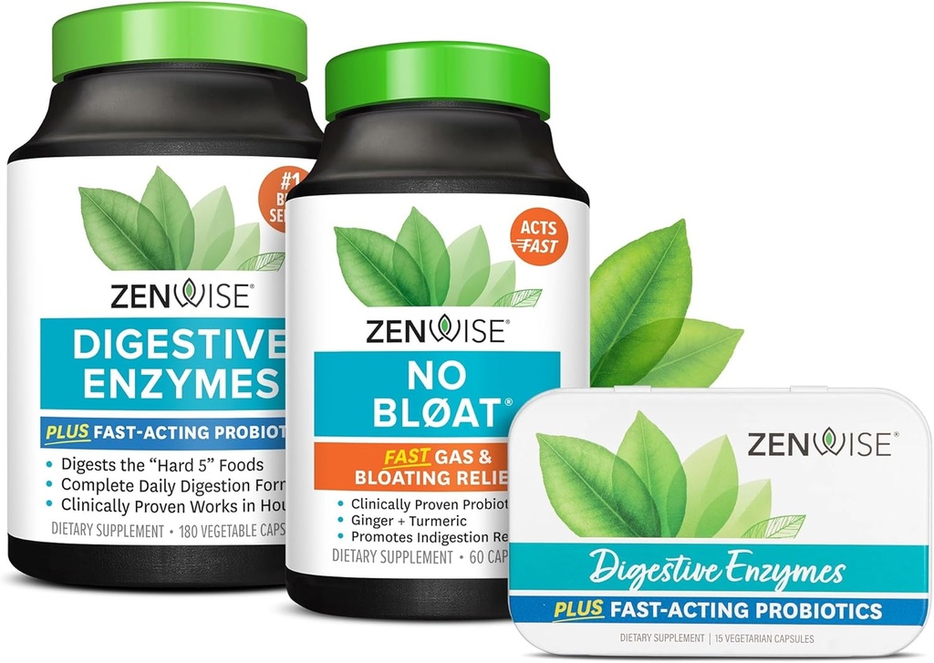 Enzymes digestifs de la santé Zenwise, pas de ballonnement, et l'étain de voyage libre avec des probiotiques pour la santé digestive et gut.
