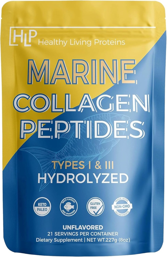Healthy Living Proteins | Marine Collagen Peptides Type 1 & 111 | 24g Fish Protein, Naturally Sourced Wild Fish, Non-GMO | Keto & Paleo, Gluten Free, Kosher | Unflavored Powder (8 oz)