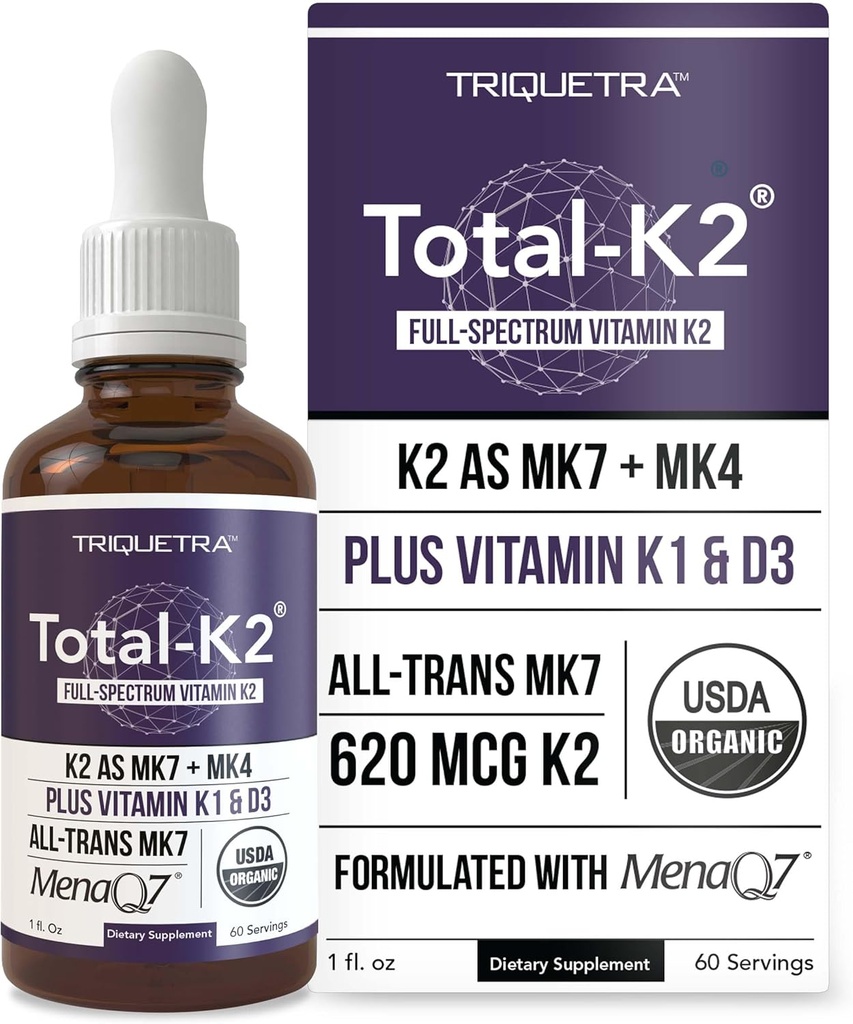 Total K2®= Vitamine K2 comme MK7 & MK4= Plus K1 & Vitamine D3 Cofactor - 620 mcg K2 par portion - MK7 trans de MenaQ7® - Vitamine K plein spectre - Vegan, certifié biologique (Liquid 1 oz)