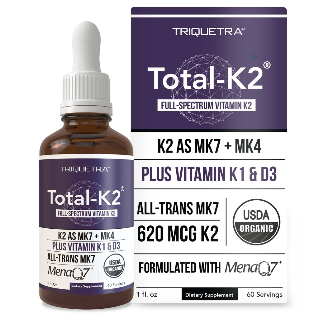 Total K2®= Vitamine K2 comme MK7 & MK4= Plus K1 & Vitamine D3 Cofactor - 620 mcg K2 par portion - MK7 trans de MenaQ7® - Vitamine K plein spectre - Vegan, certifié biologique (Liquid 1 oz)