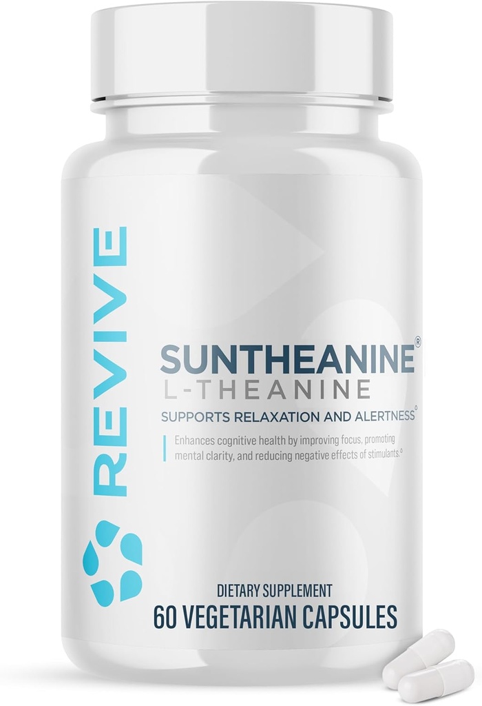 Revive MD Suntheanine L-Theanine Supplément pour hommes et femmes - Soutient la fatigue et la fonction cérébrale pour calmer l'humeur, la clarté mentale, la concentration et la relaxation - Vegan & sans gluten (60 capsules, 60 portions)