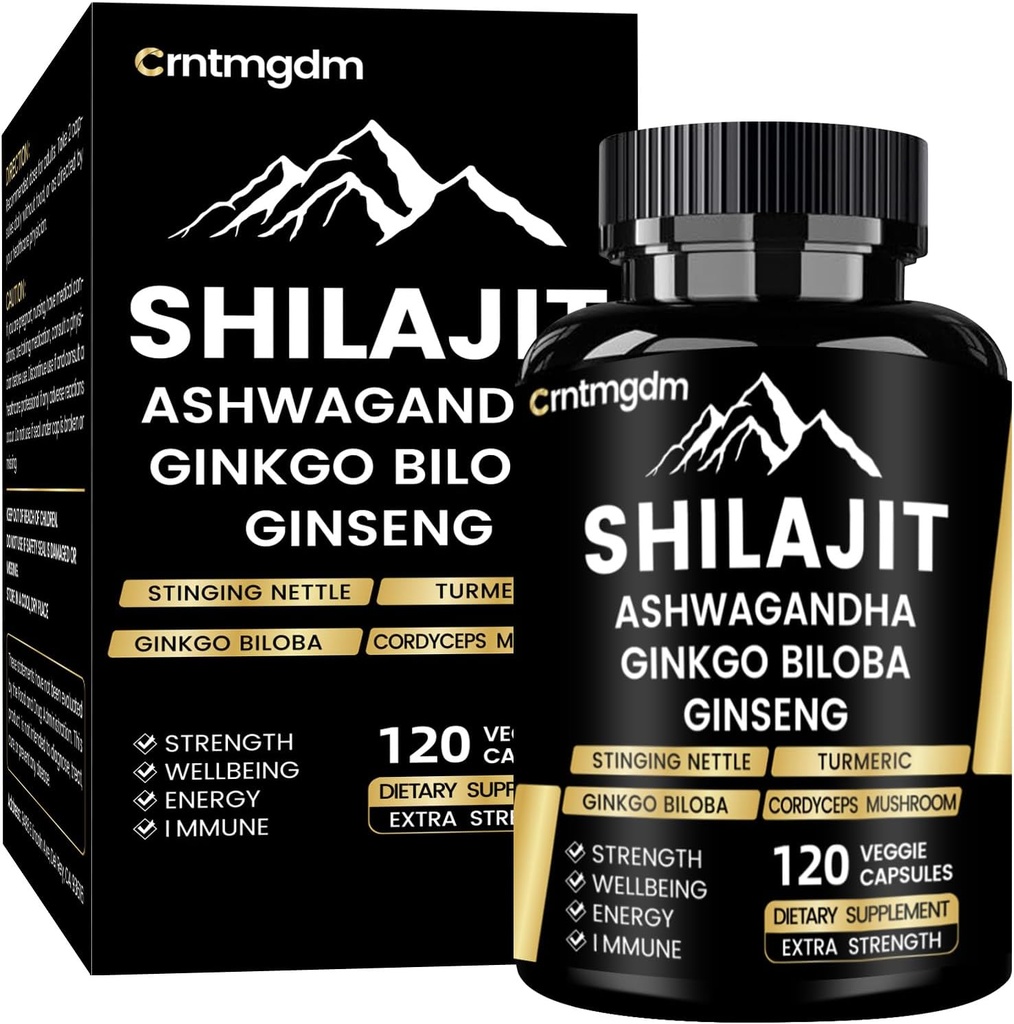Shilajit Capsules - 20 000mg Pure Himalayan Organic Shilajit pour hommes et femmes avec Ashwagandha, soutient la vitalité et le bien-être, supplément Premium Shilajit Pure Himalayan, 120 capsules
