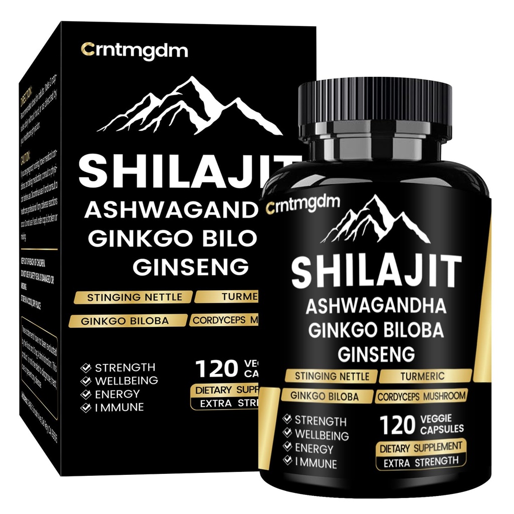 Shilajit Capsules - 20 000mg Pure Himalayan Organic Shilajit pour hommes et femmes avec Ashwagandha, soutient la vitalité et le bien-être, supplément Premium Shilajit Pure Himalayan, 120 capsules