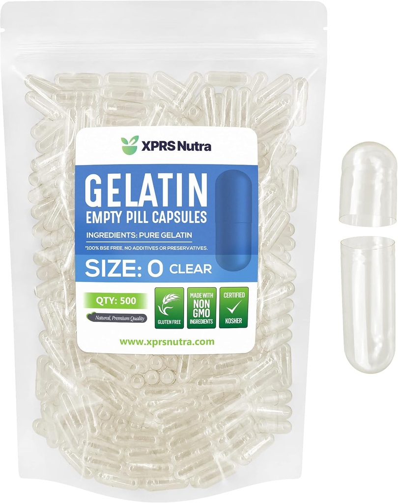 XPRS Nutra Taille 0 Capsules vides - 500 Comptabilité Capsules de gélatine vides - Pills pour remplissage de gélules de bricolage - Caps de gel de pilules pures pour bricolage
