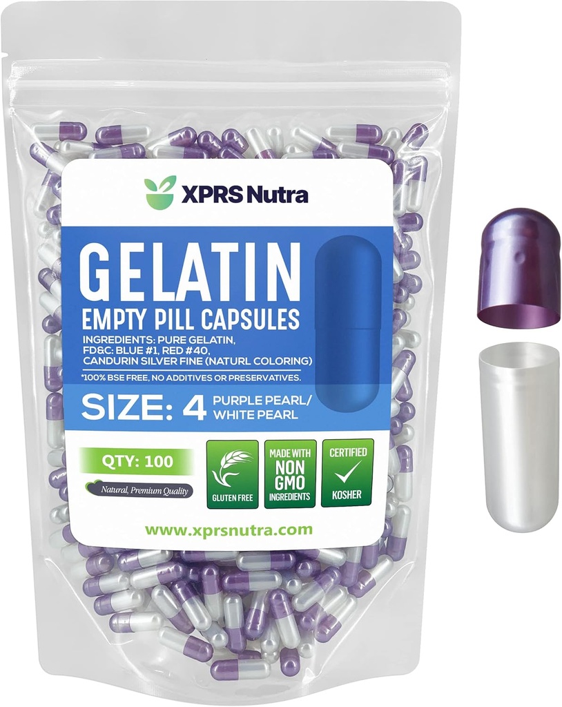 XPRS Nutra Taille 4 Capsules vides - 100 Compter les petites capsules de gélatine vide - Pills Bricolage Capsule Remplissage - Remplir pur gel de pilule de viande de boeuf pour les suppléments Do-It-Youlf (Pearl Purple/White)