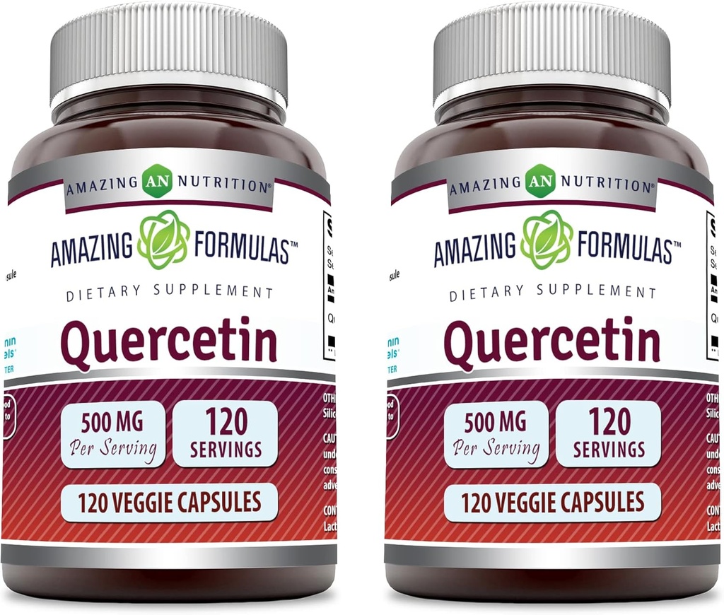 Amazing Formulas Quercetin 500mg Veggie Capsules Supplement | Non-GMO | Gluten Free | Supports Overall Health & Well Being (120 Count | 2 Pack)