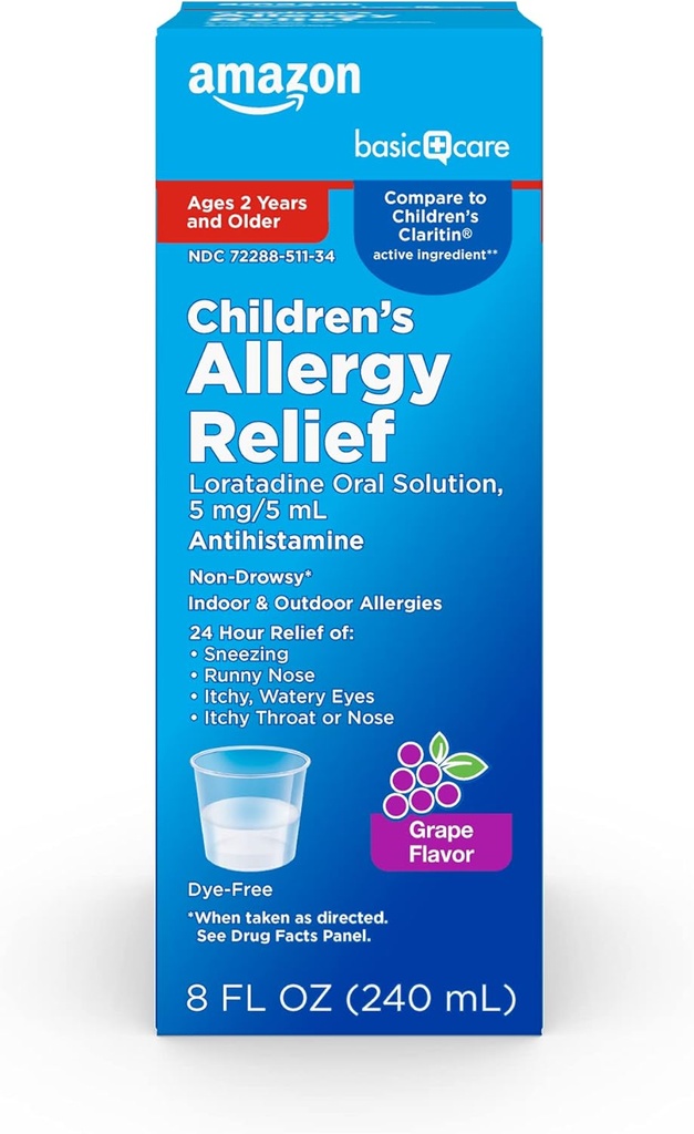 Soins de base en Amazonie Enfants Allergie Médecine, 24 heures Loratadine Solution orale 5 mg/5 mL, Antihistaminique non somnolent, Arôme de raisin, 2 ans et plus, 8 fl oz (paquet de 1)