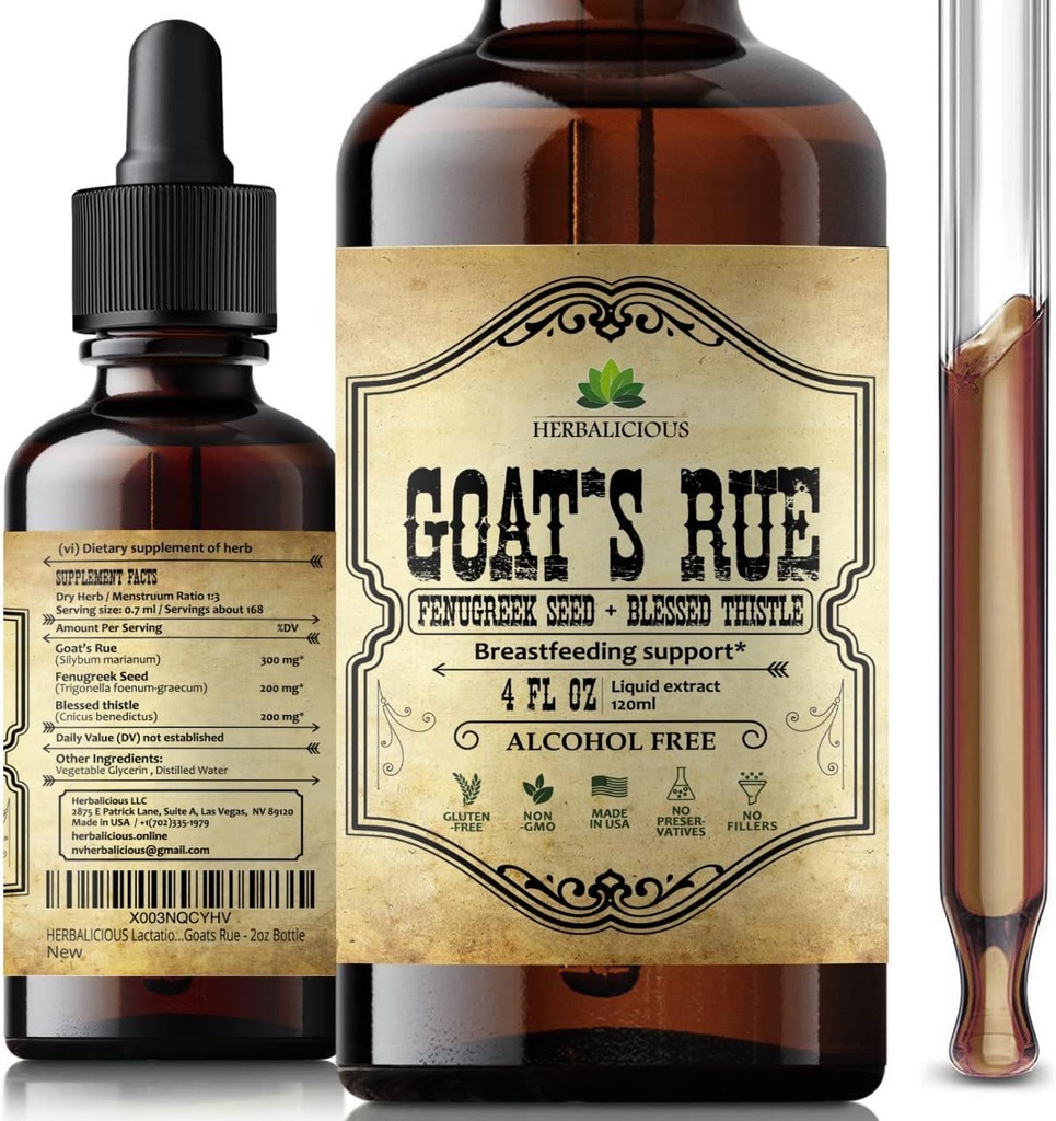 Extrait liquide de la rue de la chèvre HERBALICOUS 4 fl oz - Teinture naturelle à base de plantes avec la rue de la chèvre, graines de fénugreek, chardon béni - Supplément sans alcool non-OGM d'allaitement pour augmenter le lait maternel