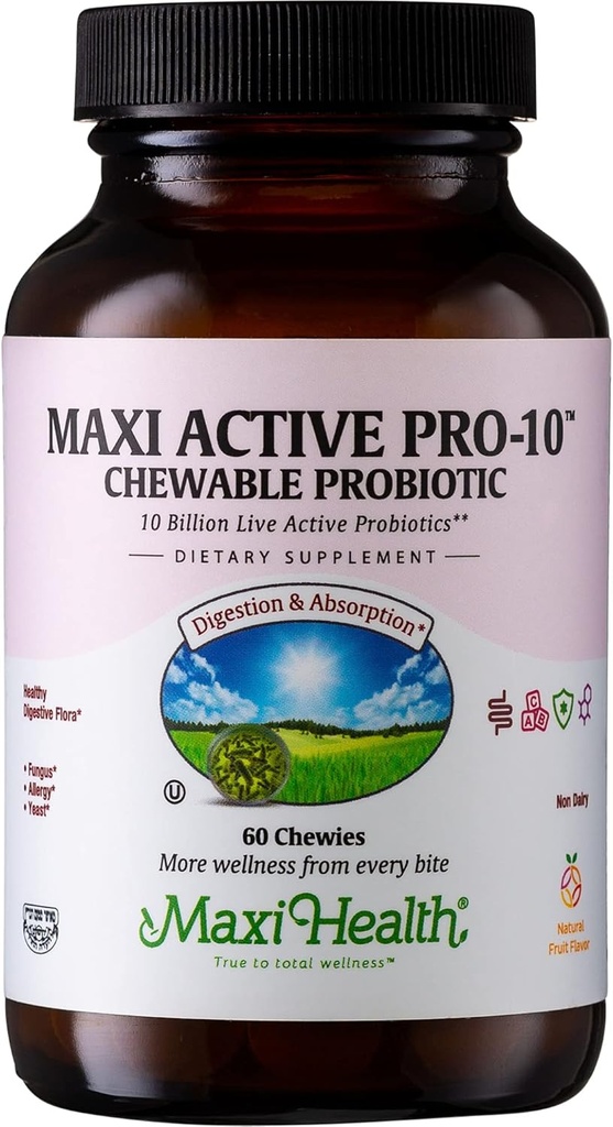 Maxi Health Active Pro-10 Kids Probiotic Chewables – 15 souches pour la santé digestive et immunitaire – 10 milliards de mélange probiotique- sans lait, casher – soutient la santé de Gut, végétarien – 60 ct (stable)
