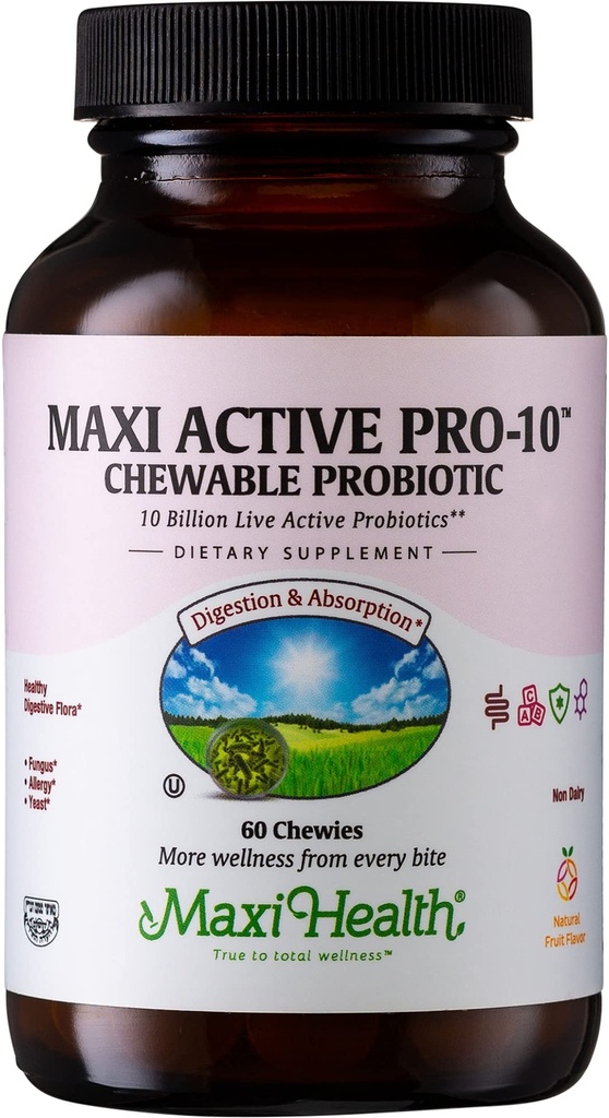 Maxi Health Active Pro-10 Kids Probiotic Chewables – 15 souches pour la santé digestive et immunitaire – 10 milliards de mélange probiotique- sans lait, casher – soutient la santé de Gut, végétarien – 60 ct (stable)