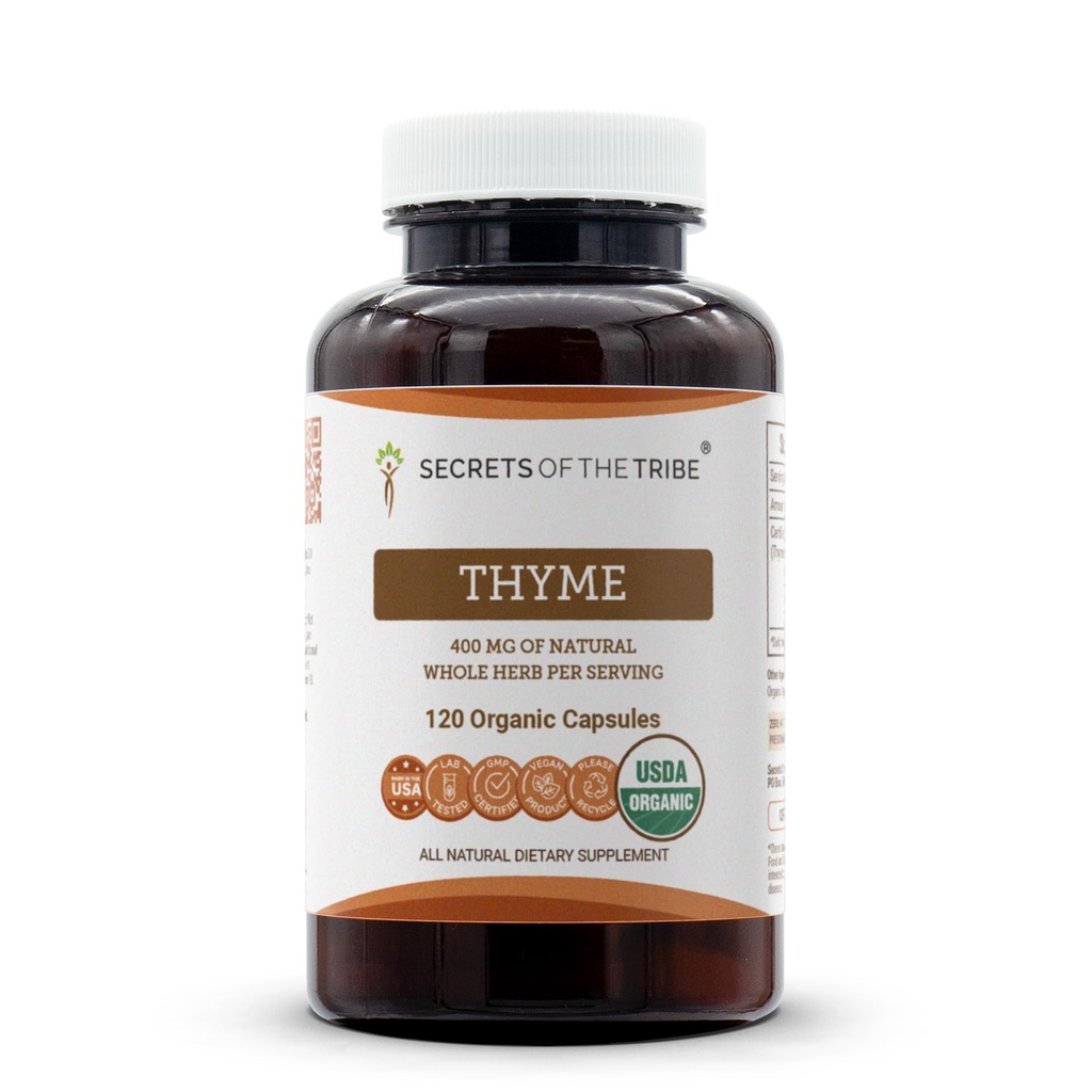Secrets de la Tribe Thyme USDA Organic.Fabriqué avec des capsules végétariennes et du thym biologique certifié (Thymus Vulgaris) Feuille séchée (120 capsules)