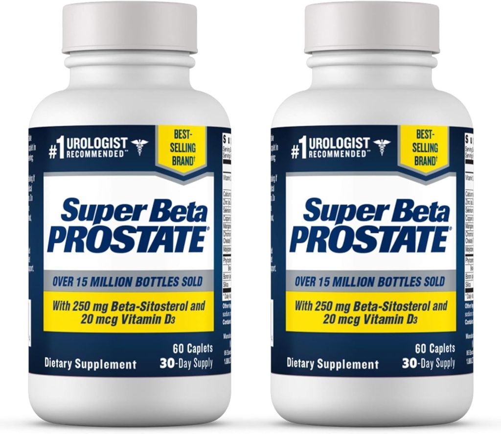 SUPER BETA PROSTATE Supplément de soutien pour la santé des hommes - Réduire les voyages dans les salles de bains, favoriser le sommeil, mieux vider la peau et la prostate saine, Beta Sitostérol - 60 comtes (paquet de 2)