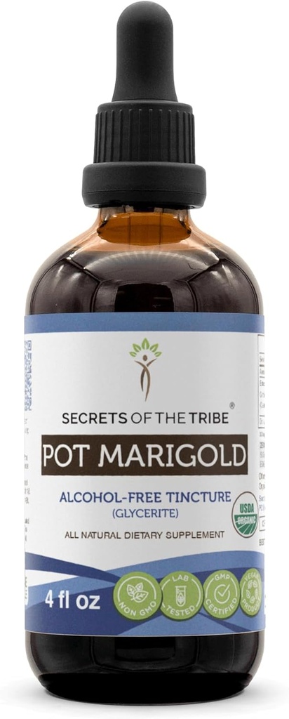 Secrets of the Tribe Pot Marigold USDA Organic..Extrait sans alcool, gouttes à base de plantes de haute puissance.Fabriqué à partir d'un pot biologique 100% certifié Marigold (Calendula, Calendula Officinalis) Fleur séchée (4 oz)