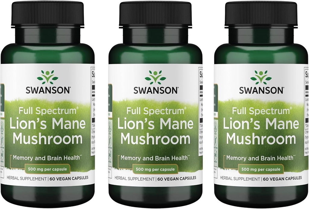 Swanson Lion's Mane Mushroom - Traditional Brain Booster Supplement Made from Hericium Erinaceus (60 Capsules, 500mg Each) 3 Pack