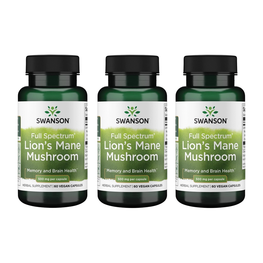 Swanson Lion's Mane Mushroom Brain Health Supplement for Professionals Seeking Mental Focus, Memory, and Clarity Support - 500 mg (60 Vegan Capsules, 4 Bottles, 3 Pack)
