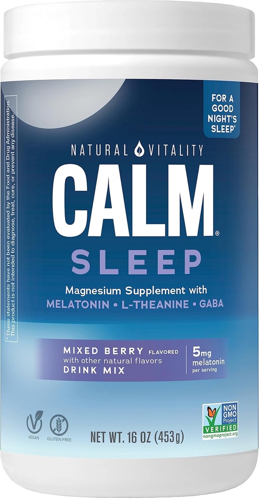Natural Vitality Calm Sleep, Melatonin & Magnesium Citrate, Sleep Aid Drink Mix, GABA, Aid, Vegan, Gluten Free Non-GMO, Mixed Berry, 16 Oz