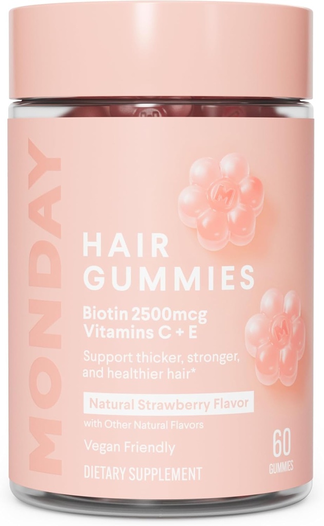 MONDAY HAIRCARE Hair Gummies with 2500 mcg Biotin, Vitamin C & Vitiman E for Thicker, Stronger and Healthier Hair 60ct