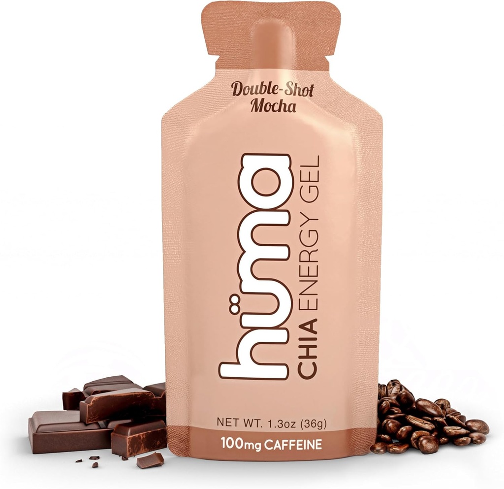 Huma Chia Gel d'énergie, Doubleshot Mocha, 12 Pack, 100 mg de caféine par paquet - Première nutrition sportive pour l'exercice d'endurance