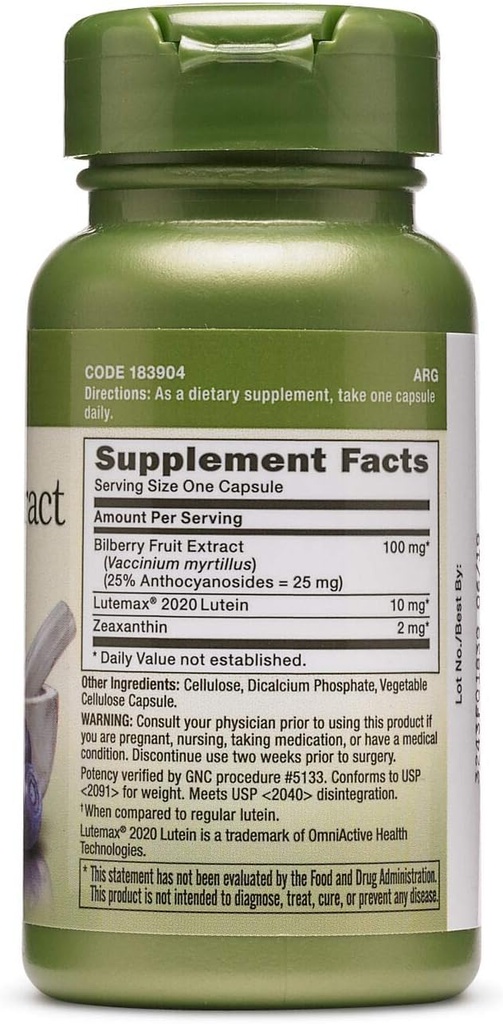 GNC Herbal Plus Bilberry Extract et Lutein® soutient la santé des yeux et de la vision.