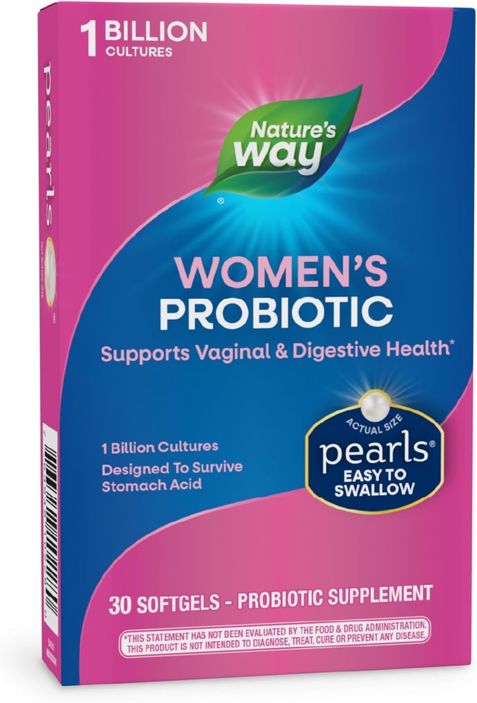Nature's Way Perles probiotiques des femmes, soutient la santé vaginale et digestive*, protège contre la constipation occasionnelle et le gonflement*, 1 milliard de cultures vivantes, 30 softgels (paquetage mai Vary)