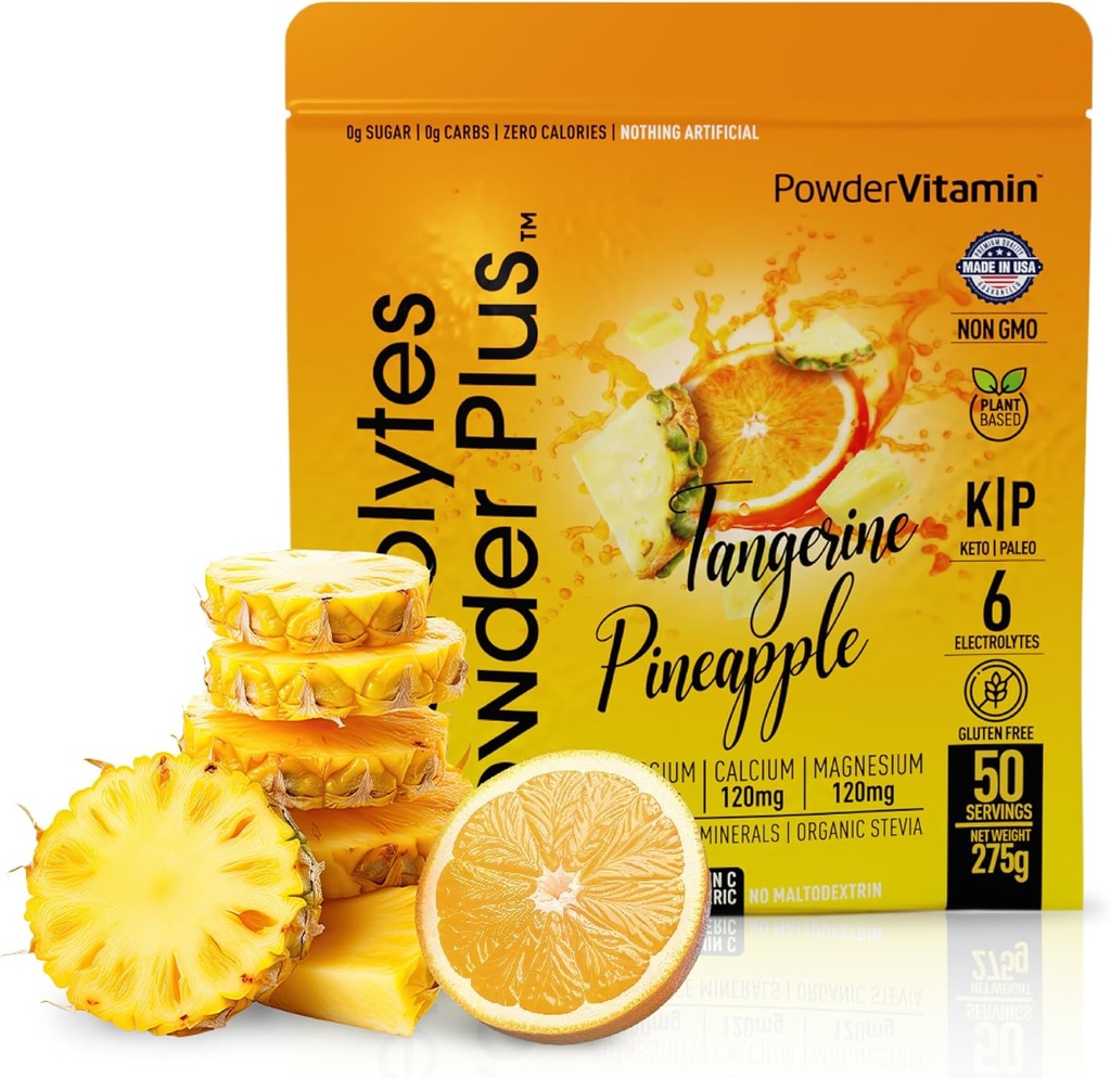 PoudreVitamine Electrolytes Poudre Plus (50 portions) Ananas Tangerine Poudre Electrolyte 0 Calorie Keto, 0 Sucre, Pas de Maltodextrine,1000mg Potassium,120mg Calcium,120mg Magnésium, Poudre d'hydratation