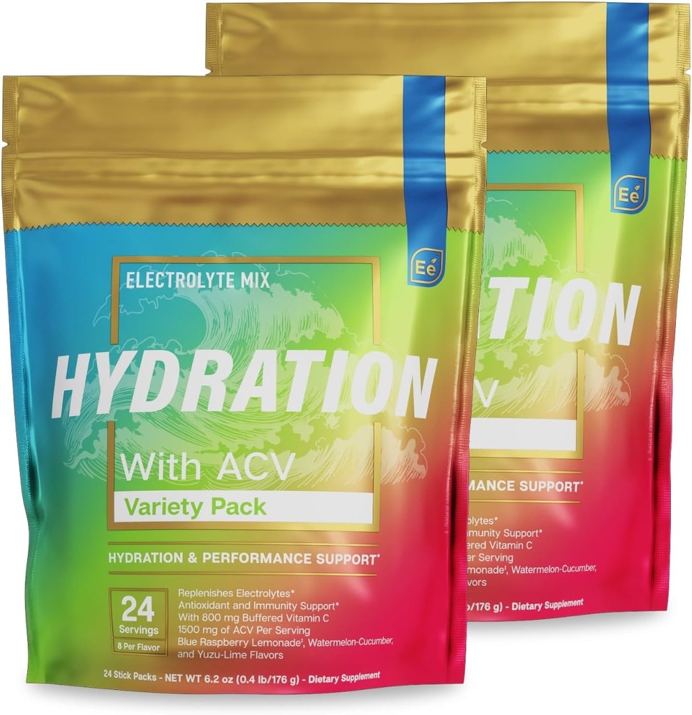 Essential Elements® Packs d'hydratation - Conditionnement varié - Poudre d'électrolytes Pas de sucre - Mélange de boisson d'électrolyte - Hydratation supérieure avec vinaigre de cidre et vitamine C - Boîtes de 48 bâtons