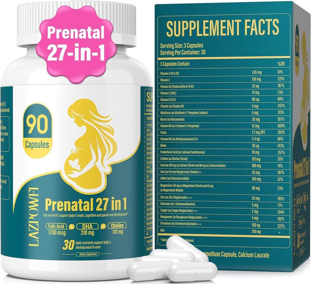 Vitamines prénatales pour femmes Multivitamines postnatales avec acide folique Choline DHA pour femmes enceintes et allaitantes Biotine niacinamide et minéraux 27 en 1 Supplément 90 Capsules-30 portions