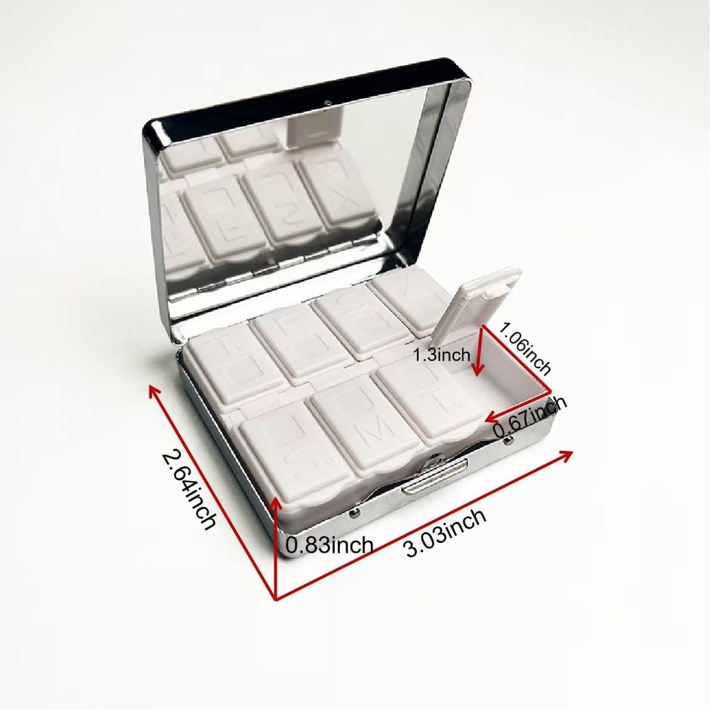 Vieux Poison 7 Jours Chromed Shiny Silver Pill Organizer avec miroir à l'intérieur a 8 compartiments séparés Rectangle 7 Jours Pill Box cas pilule