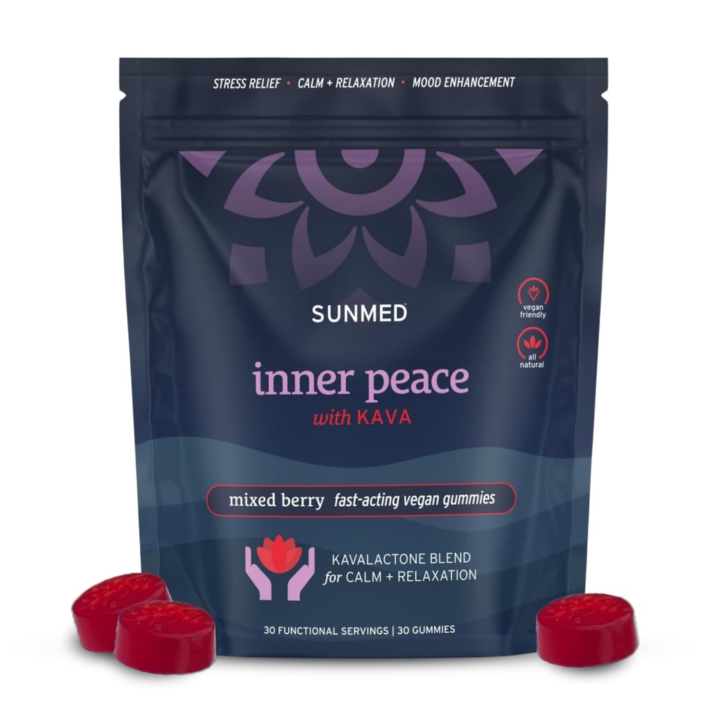 SUNMED Kava Gummies pour le stress et le calme profond – 100mg Kavalactones par service – Vegan, extrait de racine de l'île du Pacifique