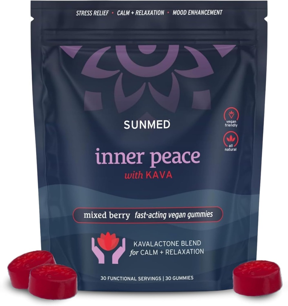 SUNMED Kava Gummies pour le stress et le calme profond – 100mg Kavalactones par service – Vegan, extrait de racine de l'île du Pacifique