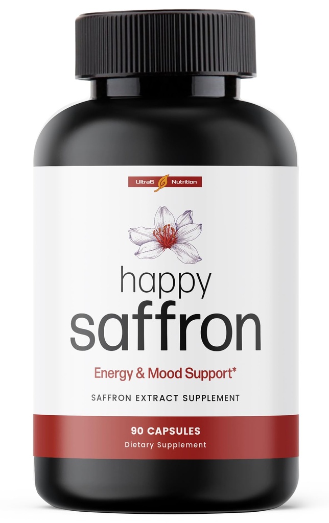 Ultra6 Nutrition Happy Safran Suppléments - Supplément 100% d'extrait de safran pur pour le soutien de la santé oculaire - Enhancer d'humeur pour les femmes et les hommes (90 portions)