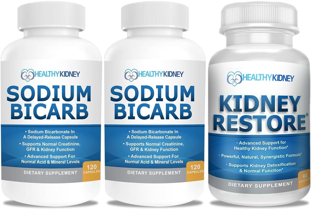 Bicarbonate de sodium 650mg Capsules pour le soulagement de l'acide, Alcalinity 120 Pills 2-Pack + Restaurer le rein Nettoyer le rein et supplément de santé du rein, 60 capsules