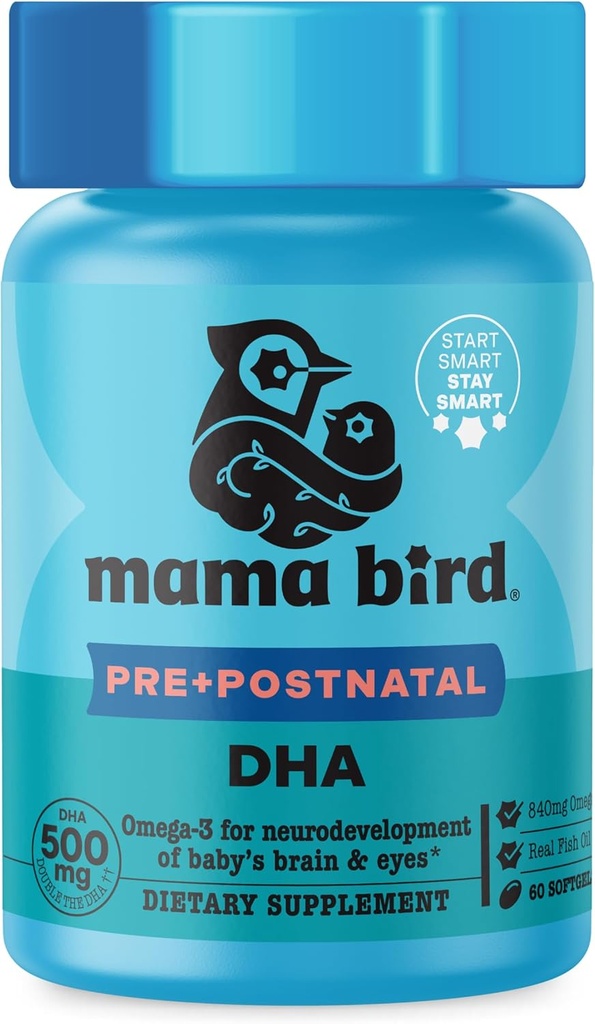 Best Nest Wellness Mama Bird Prenatal DHA - Supplément santé avec Omega-3 DHA & EPA - Supplément huile de poisson pour les femmes enceintes - soutient le développement du cerveau et des yeux foetal - 60 Softgels