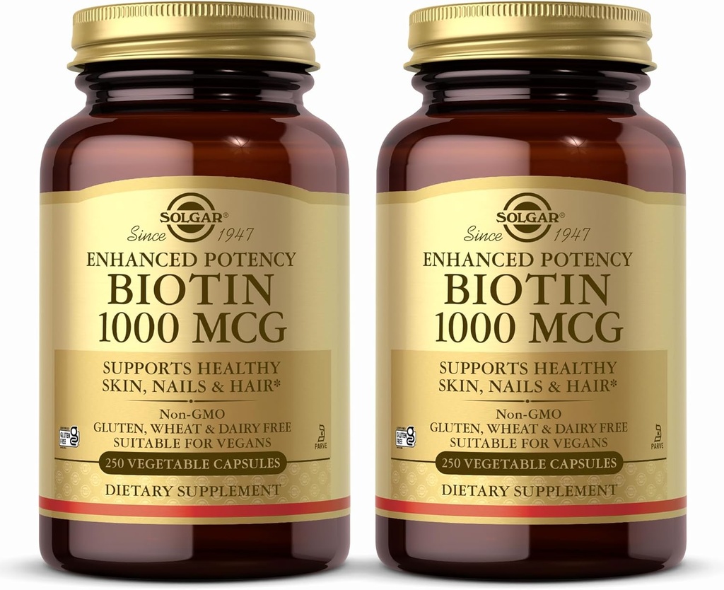 Solgar Biotin 1000 mcg, 250 capsules végétales (paquet de 2) - Soutient une peau, des ongles et des cheveux sains - Métabolisme énergétique - Potence améliorée - Non-OGM, végétalien, sans gluten, sans produits laitiers, sans casher - 500 portions