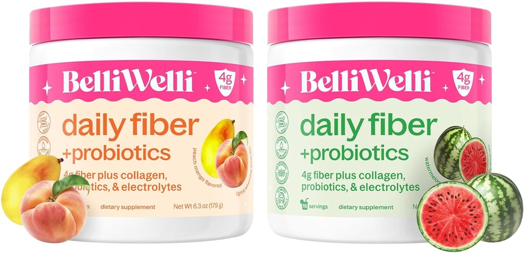 Belli Welli Daily Fiber Supplement Bundle with Collagen, Probiotics & Electrolytes – Peach Mango & Watermelon Flavors – Supports Digestion, Gut Balance, Debloating – 32 Servings Total