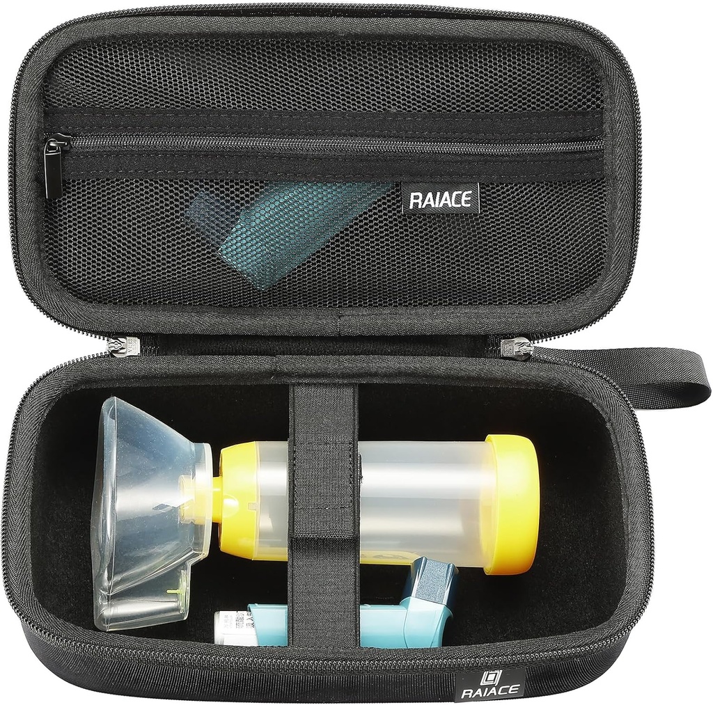 Housse de rangement RAIACE pour voyage dur Compatible avec l'inhalateur d'asthme, le sac de support d'inhalateur d'asthme avec poche en maille pour la médecine et les accessoires. - Noir