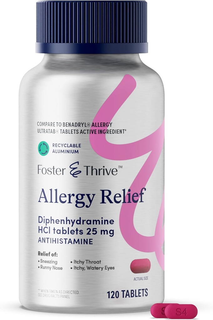 Foster & Thrive Diphenhydramine 25mg Allégation à l'allergie pour les allergies saisonnières, Itchy Watery Eyes, Éternuement, Runny Nez, Antihistaminique à action rapide pour les enfants et les adultes