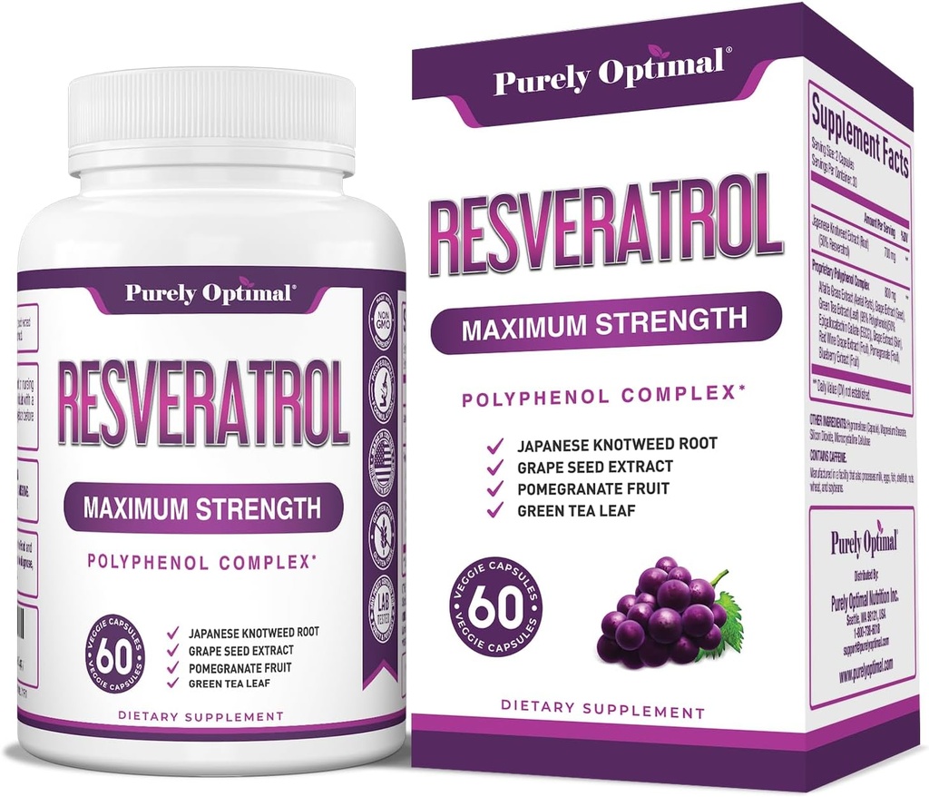 Supplément Resvératrol purement optimal 1500mg – Trans-Resvératrol de japonais Knotweed, complexe de polyphénol – soutient le vieillissement gracieux, la vitalité, la cognition et la santé de la peau – 60 Capsules Vegan
