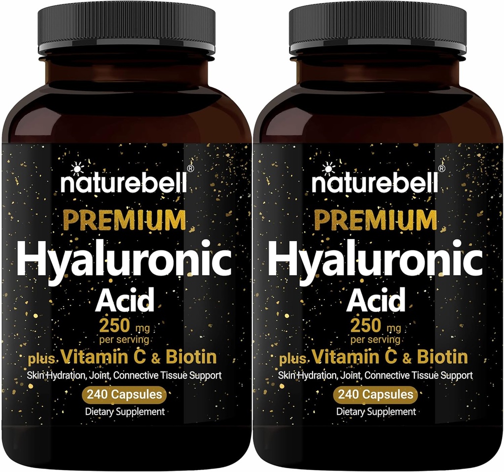NatureBell 2 Pack de suppléments à base d'acide hyaluronique à base de plantes 250mg avec 25mg Vitamine C & Biotin 5000mcg, 480 Capsules Totales.