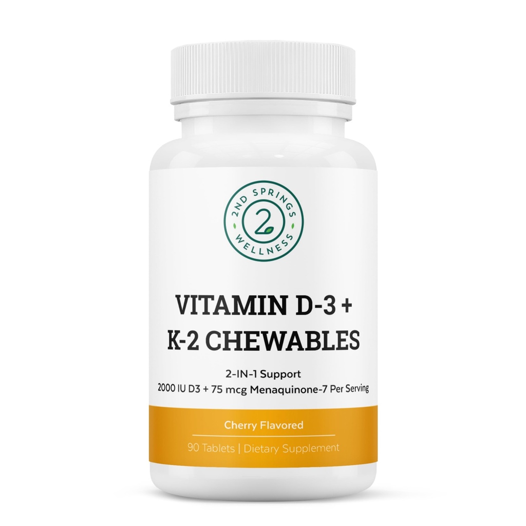 Vitamine D3 + K2 Chewables - 2000 UI Vitamine D et MK7 K2 (Menaquinone-7) - Comprimés aromatisés aux cerises - Vitamine D + K2 Supplément pour adultes et enfants
