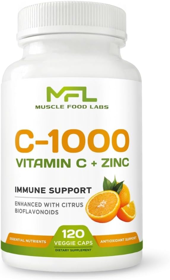 Vitamine C + ZINC C - 1000,000 VIT C 1000mg Zinc 25mg Citrus Bioflavonoïdes 25mg, sans OGM et sans gluten 120 capsules