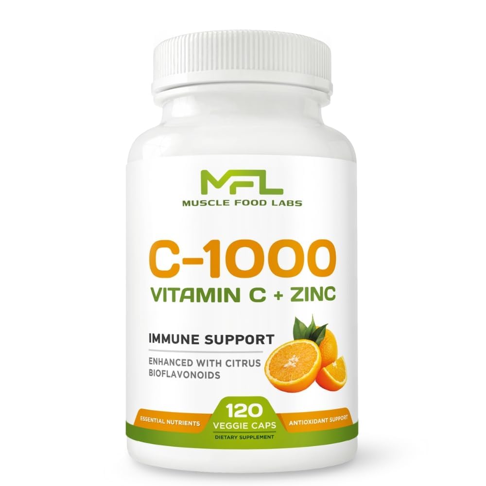 Vitamine C + ZINC C - 1000,000 VIT C 1000mg Zinc 25mg Citrus Bioflavonoïdes 25mg, sans OGM et sans gluten 120 capsules