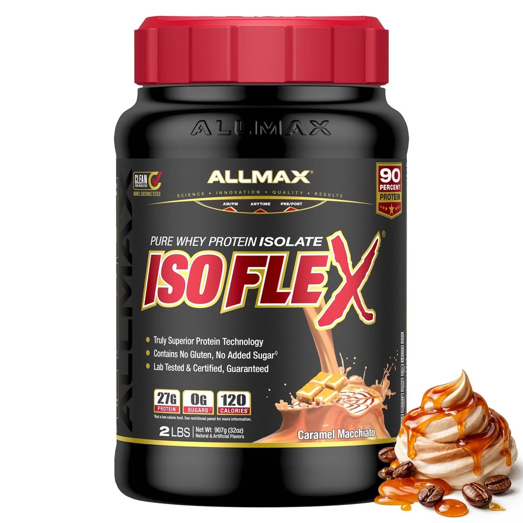 ALLMAX Nutrition ISOFLEX Isolation des protéines de lactosérum, Caramel Macchiato - 2 lb - 27 grammes de protéines par scoop - Zéro gras et sucre - 99% Sans lactose - Sans gluten et sans soja - Environ 30 portions
