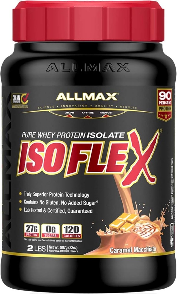 ALLMAX Nutrition ISOFLEX Isolation des protéines de lactosérum, Caramel Macchiato - 2 lb - 27 grammes de protéines par scoop - Zéro gras et sucre - 99% Sans lactose - Sans gluten et sans soja - Environ 30 portions