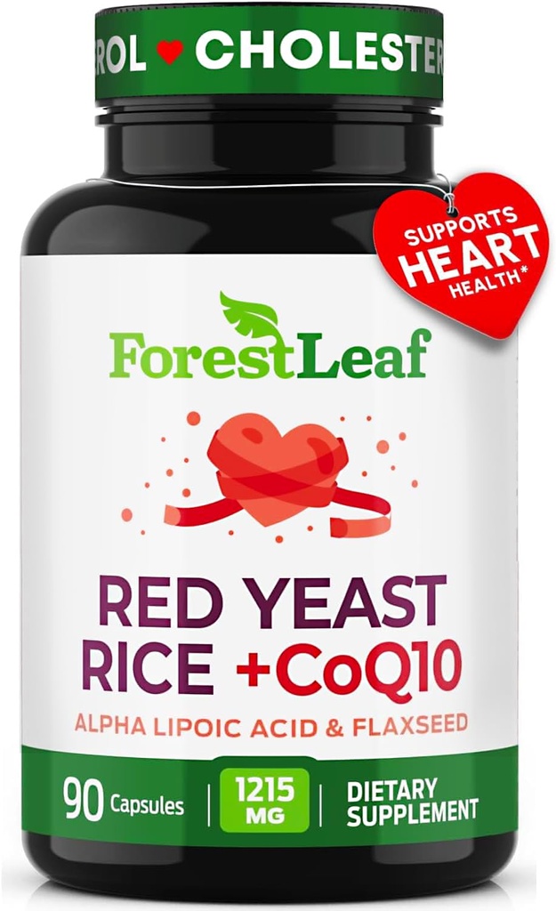 Riz rouge de levure 1215 mg. Capsules - Extra Strength Riz rouge de levure avec supplément CoQ10, plus acide alpha lipoïque et lin organique, sans citrine, soutient la santé cardiovasculaire, non-OGM 90 capsules de légumes