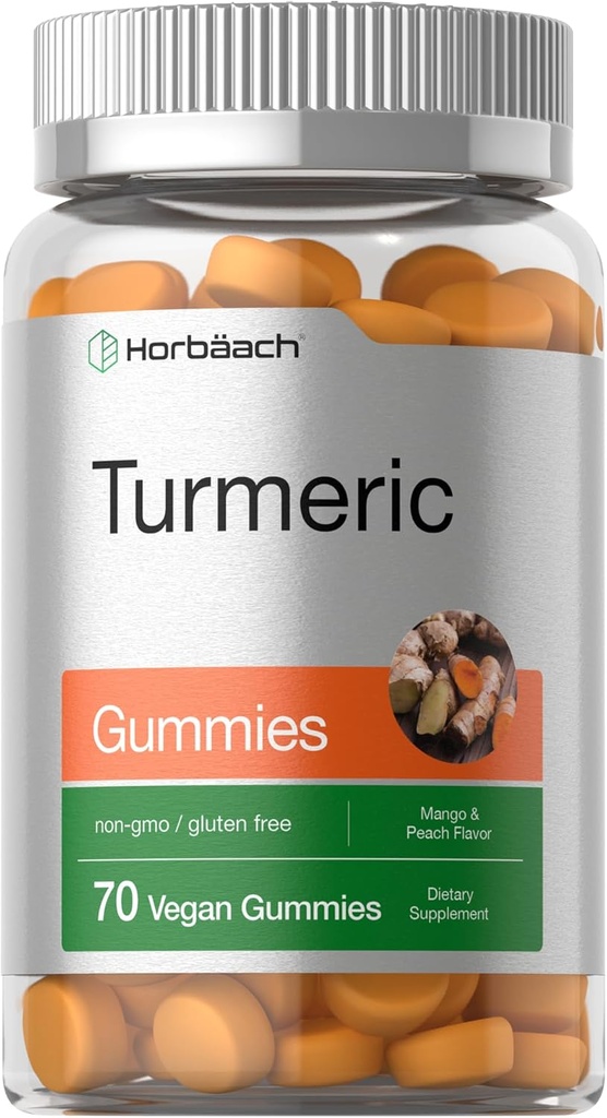 Horbäach Turmeric Gummies | 70 Count | Mango & Peach Flavor | Turmeric Curcumin with Ginger | Vegan Non-GMO & Gluten Free Supplement