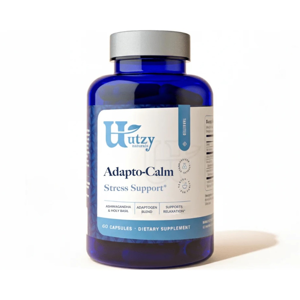 Utzy Naturals Adapto-Calm. Formule de support du stress avec Ashwagandha, Tulsi Holy Basil et Passionflower.