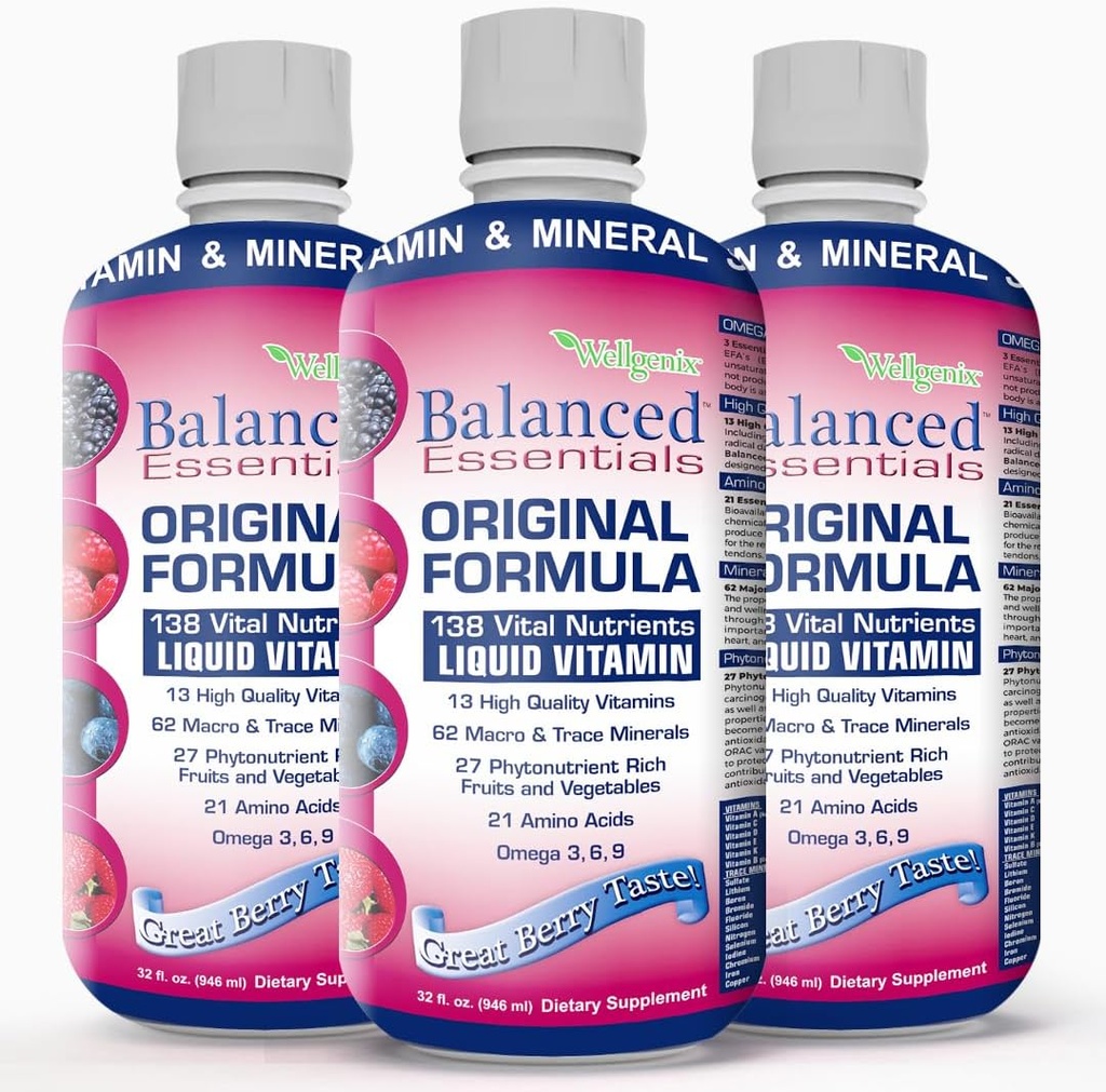 Wellgenix Balanced Essentials Plus Nouvelle formule - Vitamine liquide - Supplément multivitamine complet - 1 oz par jour - Amélioration de l'immunité et santé globale - Adultes, enfants, tout-petits - Berry Flavor 32 oz (3)