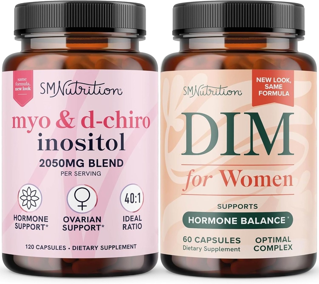 SMNutrition Women's DIM Supplement & Myo-Inositol & D-Chiro Inositol Exclusivité Hormone Balance Bundle avec un rapport de 40:1 (30 portions) et 250mg DIM Supplément pour complexe de femmes (60 portions)